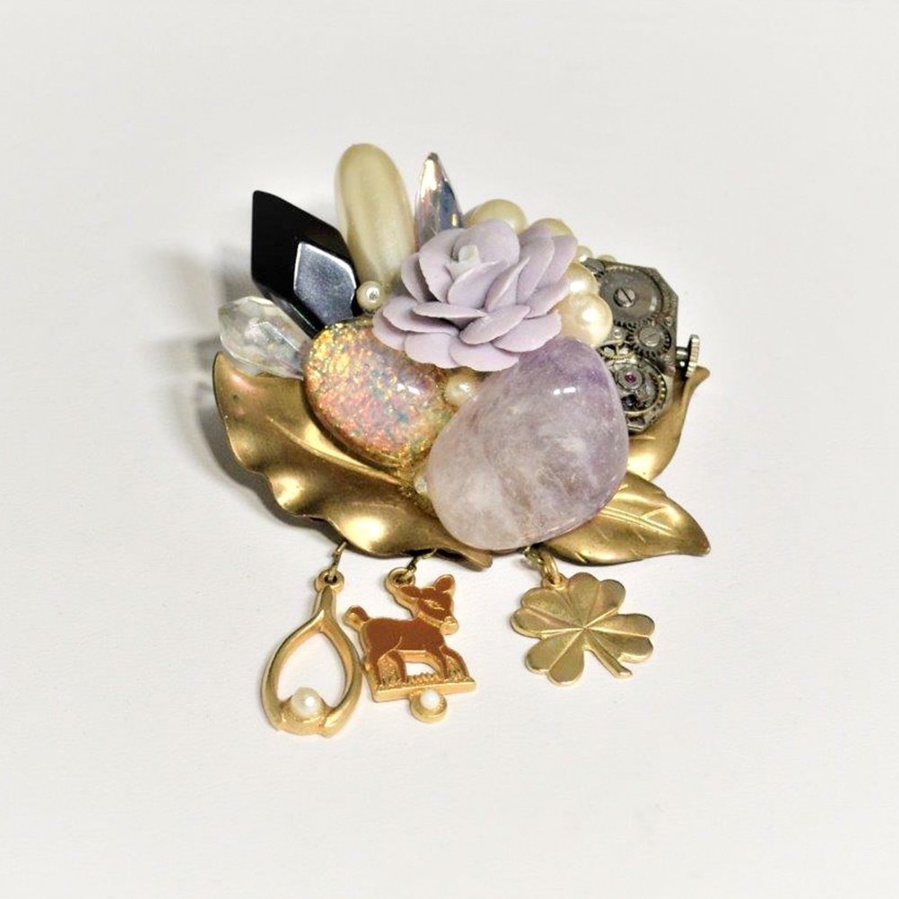 Vintage Artisan Amethyst Porcelain Flower Brooch - Picture 2 of 6